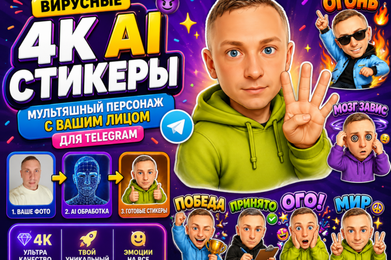Вирусные 4K AI Стикеры — Мультяшный Персонаж с Вашим Лицом для Telegram и Instagram Разработка сайтов под ключ, продвижение в соц сетях